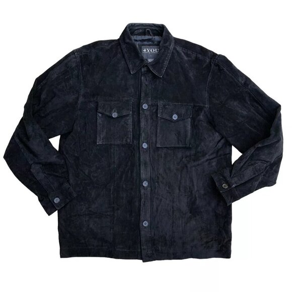 VTG 4 YOU CLOTHING Leather Suede Jacket Men's LG Black Button Down Long Sleeve‌